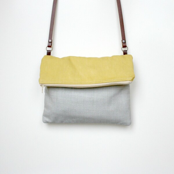 Foldover bag Colorblock Purse Yellow Grey washed canvas handbag sunshine leather strap Black Friday Cyber Monday Sale