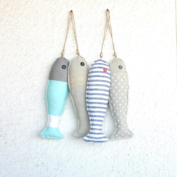 4 Fabric stuffed fish ornaments summer house décor nautical cute