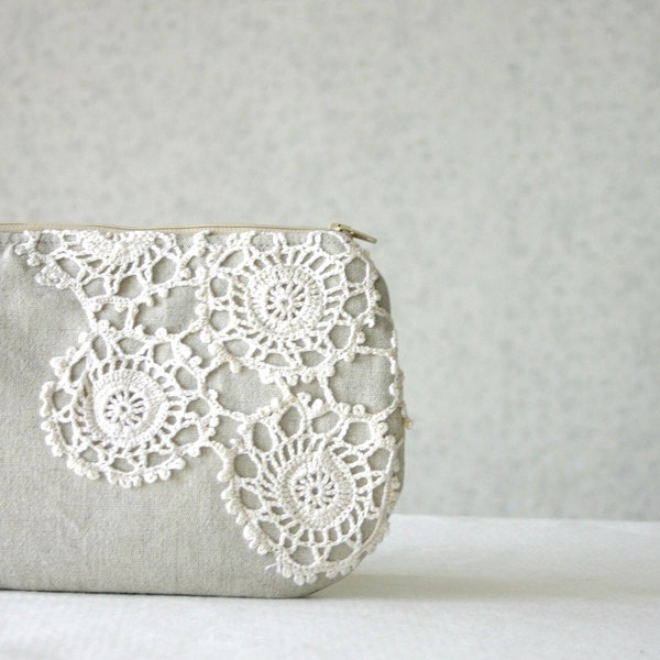 Linen and Vintage Doily piece Clutch Purse