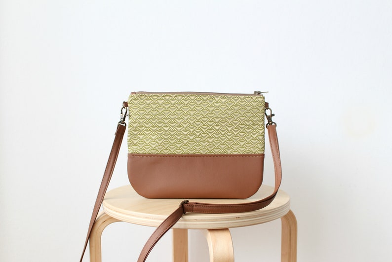 Green Waves Crossbody Leather bag, Clutch Purse, Every day bag, Vegan, Brown leather image 1