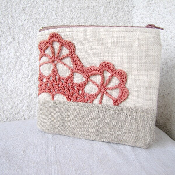Cute little pouch  - natural linen and brown doily applique