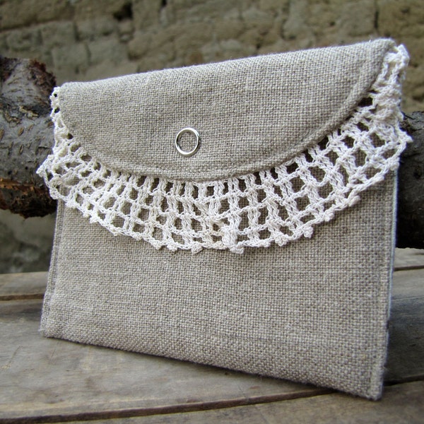 Rustic Elegance - mini snap wallet, natural linen and vintage lace