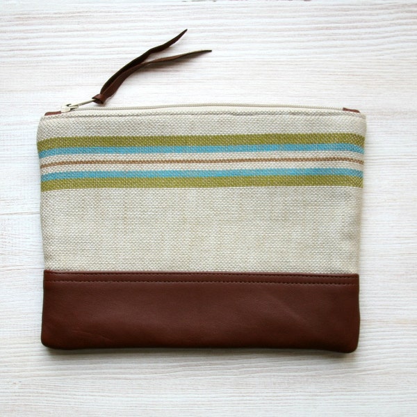 Green stripe clutch Vintage Repurposed Fabric Green Retro Leather