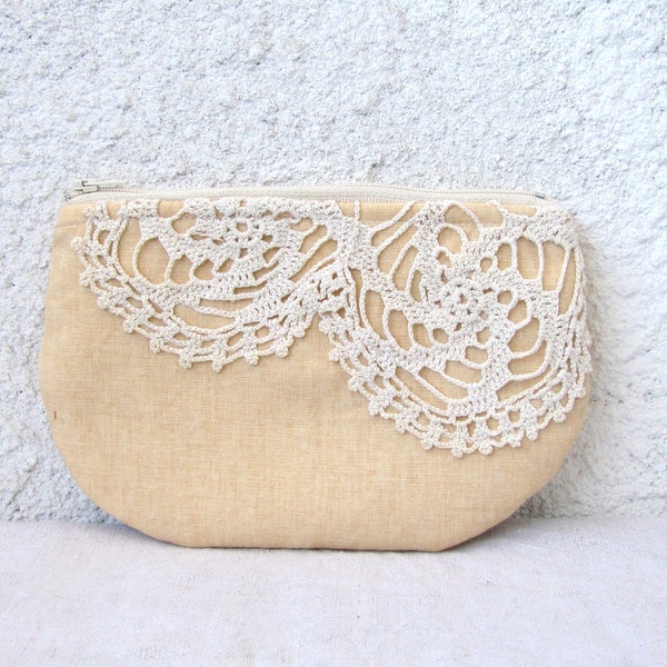 RESERVED for Cece Vous - Peachy Linen and  vintage doily small clutch, zipper pouch, cosmetic bag OOAK