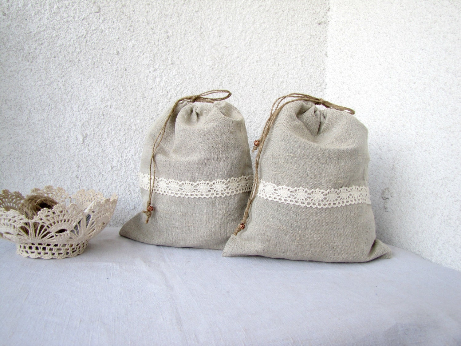 2 Linen and lace Drawstring bags gift bag reusable eco Etsy