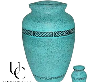 Turquoise crematie-urn met Keltische knoop: metalen herdenkingsurn en aandenken