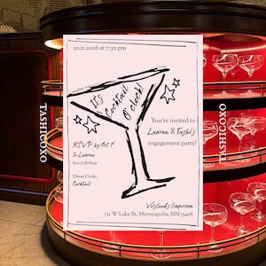 Plantilla de invitación para fiesta de compromiso en rosa pastel: "¡Es hora del cóctel!" Glamour dibujado a mano, Canva editable