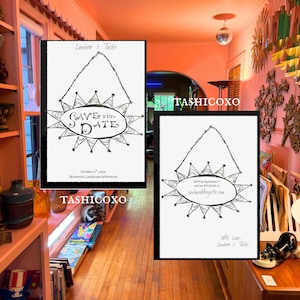 May include: Two white rectangular save the date cards with black ink illustrations of a hanging sunburst ornament. The left card reads Lauren & Tashi, SAVE THE DATE, October 11th, 2026, Minnesota Landscape Arboretum. The right card reads RSVP by September 1st and see full details at ourweddingsite.com, With Love, Lauren & Tashi.