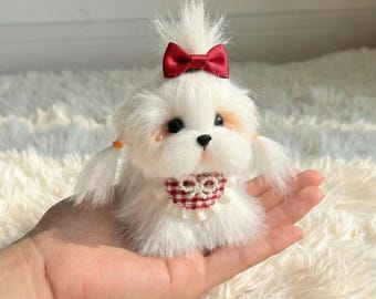 手作りマルチーズ犬のぬいぐるみ：ポーズを変えられるテディベア（受注