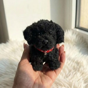 May include: A small, handmade black dog figurine with a red collar and a small bell. The plush toy is held in a hand, and the background is a soft, white surface. The dog has a fluffy texture.