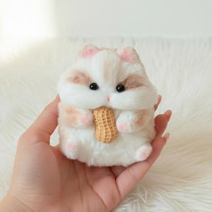 May include: A fluffy toy hamster in white, cream, and pink, holding a peanut. The hamster has black eyes and pink paws and ears. The peanut is tan and textured. The toy is soft and fluffy.