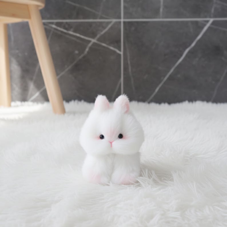 May include: A fluffy white bunny plush toy with pink accents on the ears and paws. The toy has small black eyes and a pink nose, sitting on a white, textured surface. The bunny is a cute, cuddly stuffed animal.