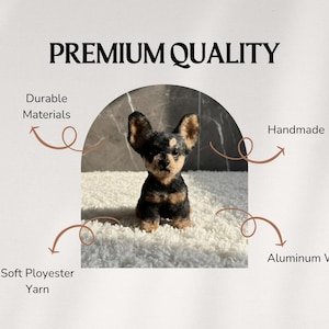 May include: A handmade Chihuahua dog figurine with black and tan fur, crafted from soft polyester yarn and durable materials. The figurine is supported by aluminum wire and features the text "PREMIUM QUALITY".