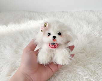手作りマルチーズ犬のぬいぐるみ：ポーズを変えられるテディベア（受注