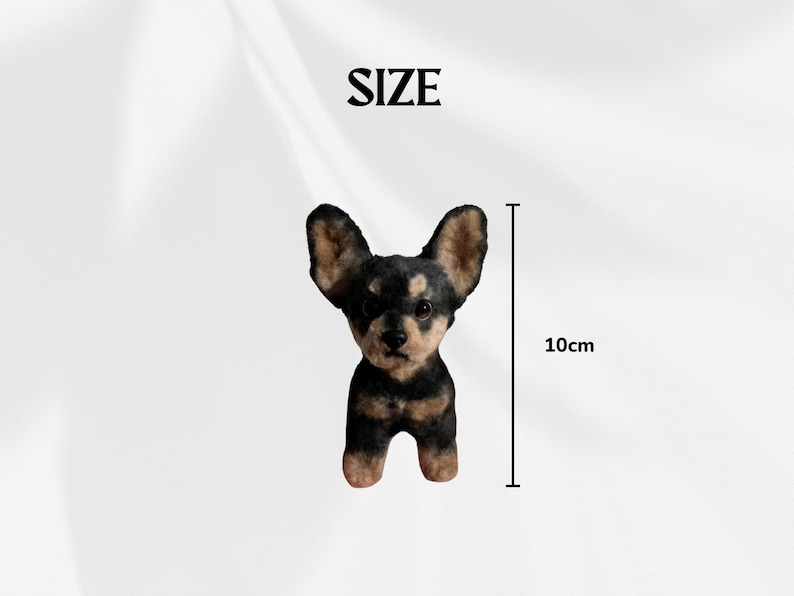 May include: A small, handcrafted dog figurine, primarily black and tan, with large, upright ears. The figurine is approximately 4 inches tall, as indicated by the measurement graphic. The word "SIZE" is above the dog.