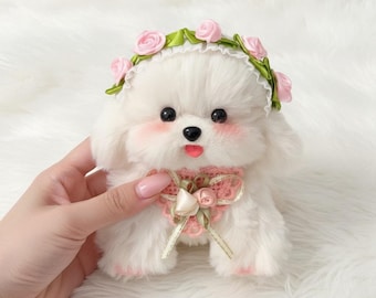 手作りマルチーズ犬のぬいぐるみ：ポーズを変えられるテディベア（受注