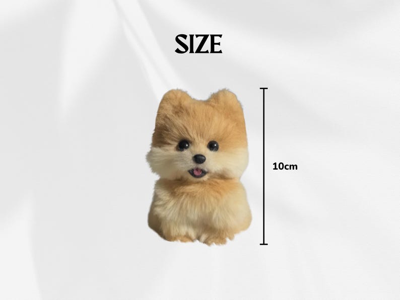 Op de afbeelding: Een pluche Pomeranian hond figuur, voornamelijk bruin en cr&egrave;me van kleur, met zwarte ogen en een roze tong. De figuur is ongeveer 10 cm hoog. Het woord "SIZE" staat boven de hond.