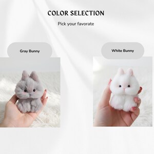 May include: The image displays two plush bunny toys, one gray and one white, held in hands. The text "COLOR SELECTION" and "Pick your favorite" is at the top. The gray bunny is labeled "Gray Bunny" and the white bunny is labeled "White Bunny".