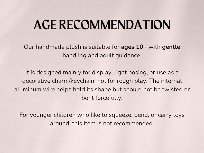 May include: Text on a beige background reads "AGE RECOMMENDATION." It states the handmade plush is for ages 10+ with gentle handling and adult guidance. It's for display, light posing, or as a keychain, not rough play.