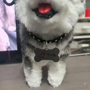 May include: A plush dog with gray and white fur, wearing a black studded collar and a bone-shaped tag. The tag is engraved with the name "Max" and a small dog silhouette. The dog's tongue is visible.