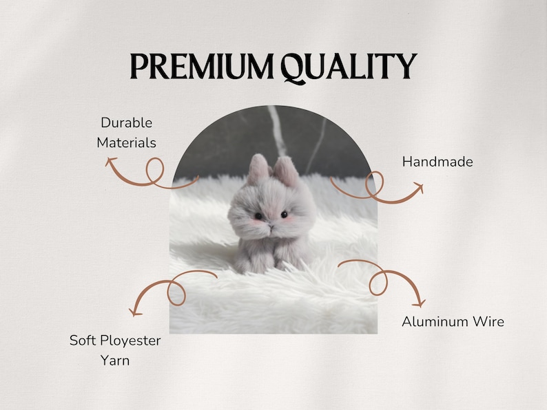 May include: A handmade, gray bunny figurine made with soft polyester yarn and durable materials. The bunny has pink ears and is sitting on a white, fluffy surface. The image includes the text "Premium Quality".
