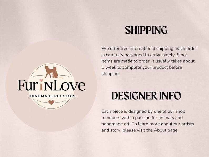 May include: The Fur in Love logo features a circular design with a brown cat silhouette and the text "Fur in Love Handmade Pet Store." The image also includes text about shipping and designer information.