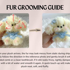 May include: A plush toy grooming guide with the title "FUR GROOMING GUIDE". The guide shows a plush toy with arrows indicating brushing directions. The plush is yellow with a blue bow and accents. Text explains how to groom the plush.