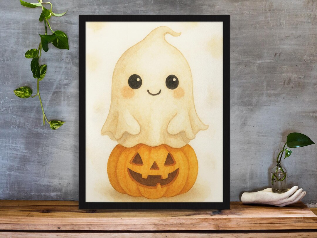 Cute Baby Ghost Halloween Art Print | Spooky Monster on Pumpkin Digital ...