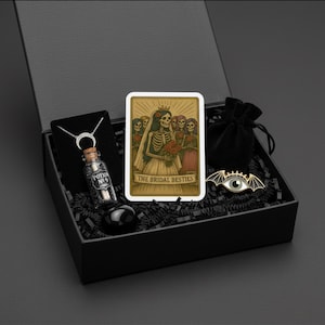 May include: A black gift box containing a necklace with a crescent moon pendant, a small glass bottle labelled "Potion No. 9", a tarot card with skeleton figures, a black velvet bag, and a bat-shaped pin with an eye design.