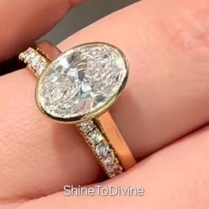 3 CT Oval Cut Moissanite Engagement Ring Set With Round Diamond Full Eternity Band, Bezel Set Solid Gold Anniversary Gift Ring For Her