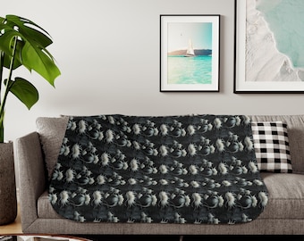 Dark Botanical Floral Sherpa Blanket, Decorative Floral Throw