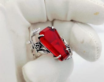 Roter Granat Sarg Ring: Echtsilber Gothic Schmuck