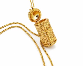 Gold Pill Box Locket Necklace, Engraved Cylindrical Secret Compartment Pendant