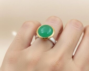 Chrysoprase Gemstone Ring | Gold Bezel, Handcrafted Silver Band