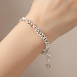Sterling Silver Curb Chain Bracelet | Adjustable Star Charm Jewelry