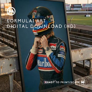 May include: Framed digital art print featuring a Formula 1 driver in a racing suit and helmet. The print displays the text "FORMULA1 ART DIGITAL DOWNLOAD (HD)" and includes the Marlboro logo. The artwork is ready to print and scale.