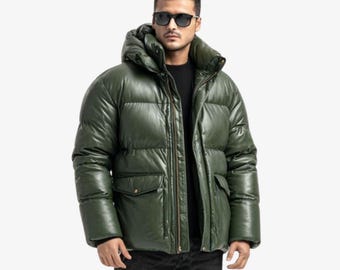 Chaqueta acolchada de cuero verde para hombre / Abrigo de burbuja con capucha de cuero auténtico / Chaqueta acolchada de invierno