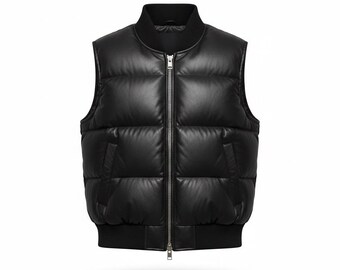 Men & Women Black Leather Puffer Vest | Real Sheepskin Bomber Gilet | Handmade Winter Fashion Vest