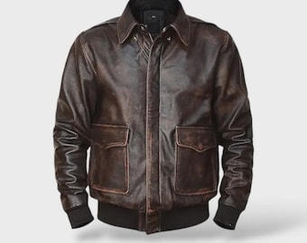 A2 Vintage Leather Bomber Jacket - Men’s Classic Military Aviator Style - Genuine Leather Coat