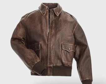 A2 Vintage Leather Bomber Jacket - Men’s Classic Military Aviator Style - Genuine Leather Coat