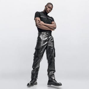 Vintage Black Leather Biker Pants for Men – Genuine Cowhide Slim Fit Motorcycle Trousers – Classic Riding Pants