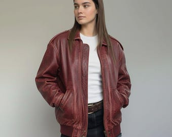 Women’s Distressed Red Leather Jacket – Oversized Bomber Coat, 90s Vintage Outerwear