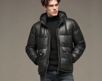 Chaqueta acolchada de cuero negro con capucha para hombre / Abrigo de invierno acolchado de cuero auténtico / Prenda exterior elegante