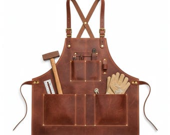Handmade Leather Tool Apron — Heavy Duty Workshop Apron with Pockets & Adjustable Cross-Back Straps
