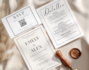 Puede incluir: Conjunto de invitaciones de boda con tarjetas RSVP, detalles e invitación. Las tarjetas tienen un diseño minimalista con texto negro sobre fondo crema. También hay un sello de madera y un sello de cera.