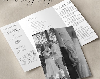 Hochzeitsprogramm Vorlage, Photo Gatefold Hochzeitsprogramm Vorlage, bearbeitbares Canva gefaltetes Hochzeits-Trifold-Programm, minimale Hochzeitsdetails-Karte