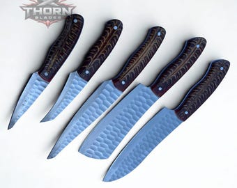 Handmade Black coated Kitchen Knife Set with Leather Roll – Pine Cone Resin Handles