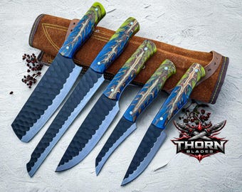 Luxury Handmade Chef Set – Black Coated Blades & Pinecone Resin Handles with Leather Roll