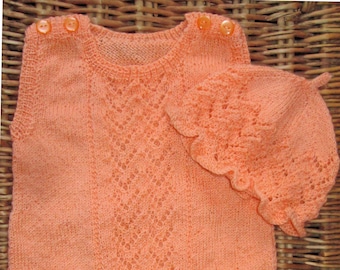 Hand knitted OOAK orange silk lace lacy baby girl's sleeveless romper bodysuit and ruffled mop hat, frilly beanie hat, photography prop