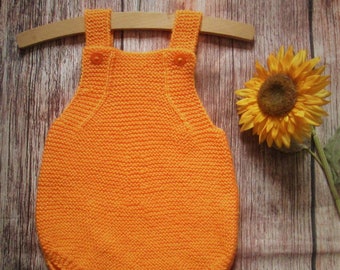 Bright orange Halloween romper, baby infant handknitted all in one outfit with buttons OOAK diaper cover shorts bodysuit overalls photo prop